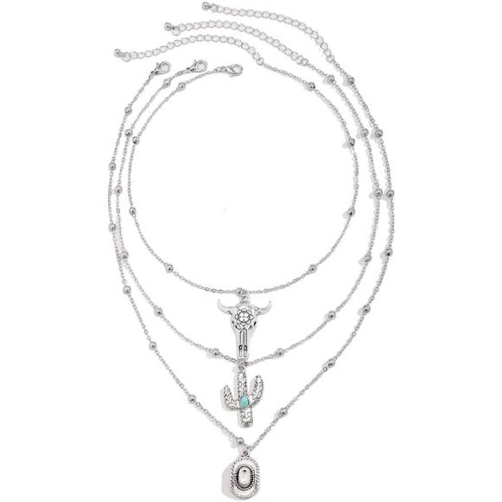 Western Layered Pendant Necklace – Boho Silver-Tone Statement Jewelry Cowgirl